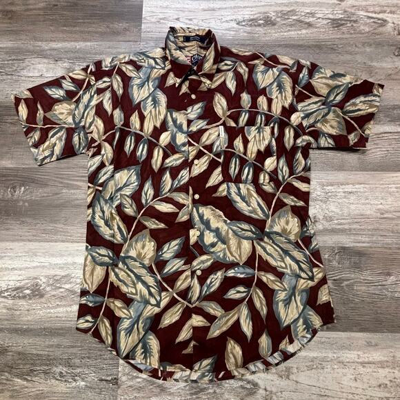 Vintage 90s Chaps Ralph Lauren Leaves‎ AOP Brick Red Men M Hawaiian Button Up - Picture 1 of 6